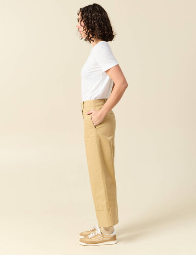Pantalon large cropped taille haute beige femme