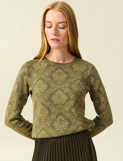 Pull manches longues col rond vert kaki femme