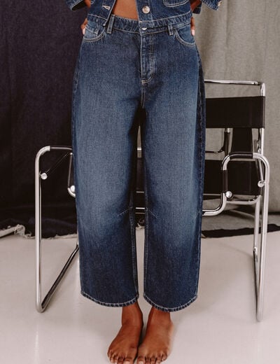 Jeans barrel 7/8&egrave;me taille standard denim brut clean femme