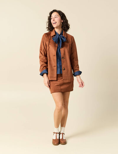 Mini-jupe droite doubl&eacute;e marron clair femme