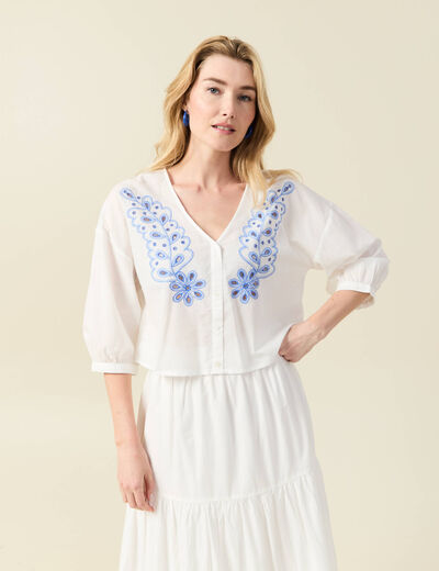 Blouse manches 3/4 brodée ecru femme