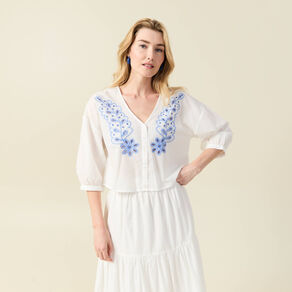 blouse manches 34 brodee ecru femme Blouse manches 3/4 brodée ecru femme