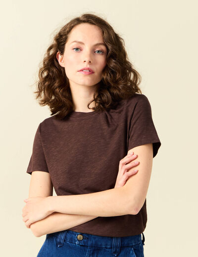 T-shirt col rond manches courtes marron femme
