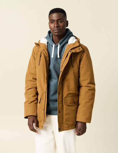 Parka droite &agrave; capuche doubl&eacute;e marron homme