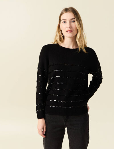 Pull manches longues sequins noir femme