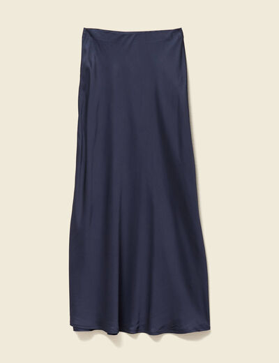 Jupe longue droite satin bleu marine femme
