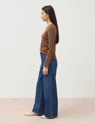 Pull fin col rond manches longues marron femme