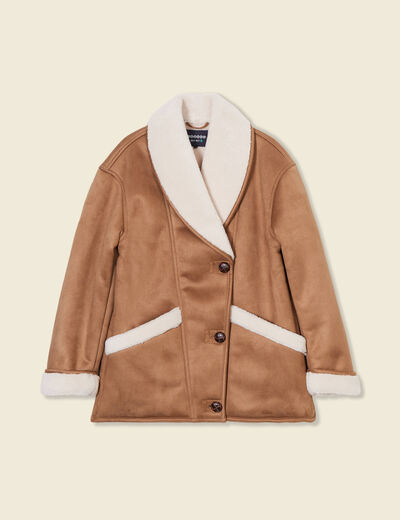 Manteau suédine col châle marron femme