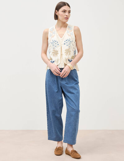 Gilet sans manches col v broderie ecru femme