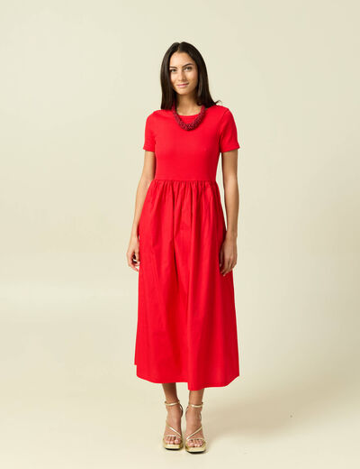 Robe longue bi-mati&egrave;re col rond rouge fonc&eacute; femme
