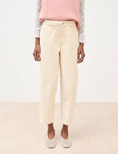 Pantalon barrel taille haute velours ivoire femme