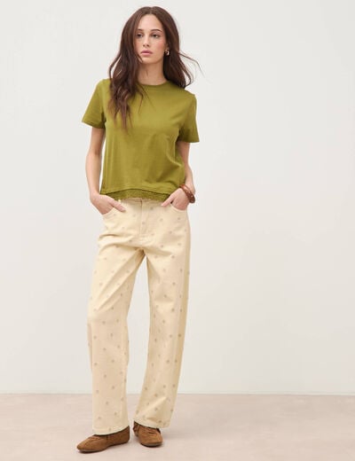 T-shirt droit col rond manches courtes vert kaki femme