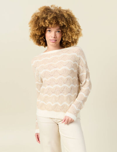 Pull manches longues ajouré creme femme