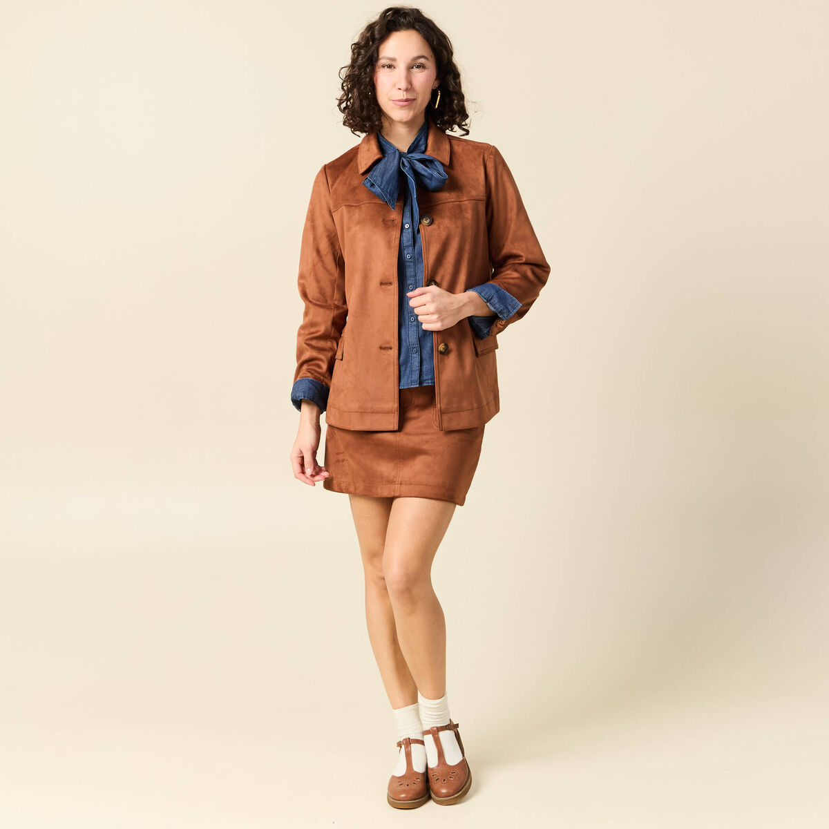 Chemise &agrave; pans manches longues en coton denim stone femme