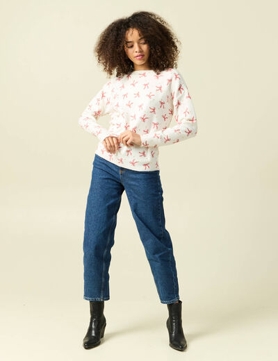 Pull de no&euml;l col bateau manches longues creme femme
