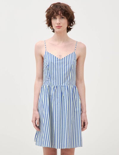 Robe bretelle col c&oelig;ur en coton bleu femme