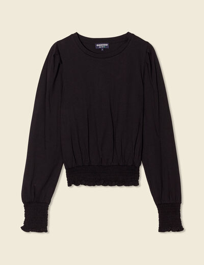 T-shirt manches longues smocké noir femme