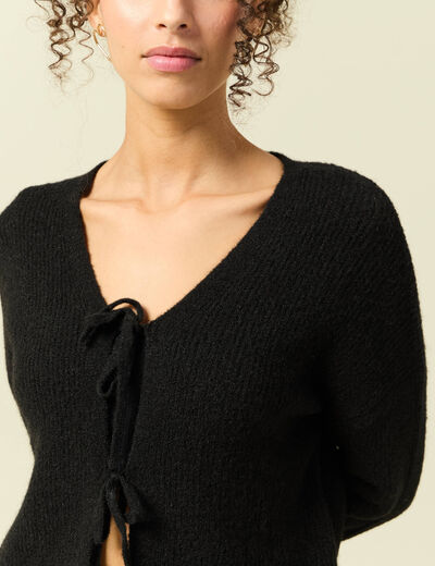 Gilet col V manches longues n&oelig;uds noir femme