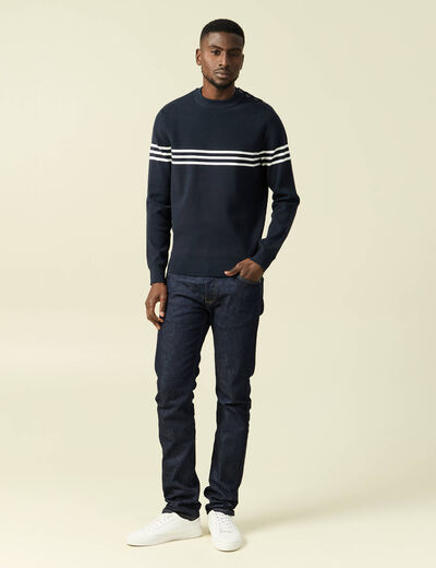 Pull fin col rond manches longues bleu marine homme