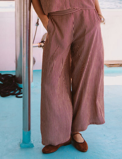 Pantalon large taille haute ray&eacute; violet femme