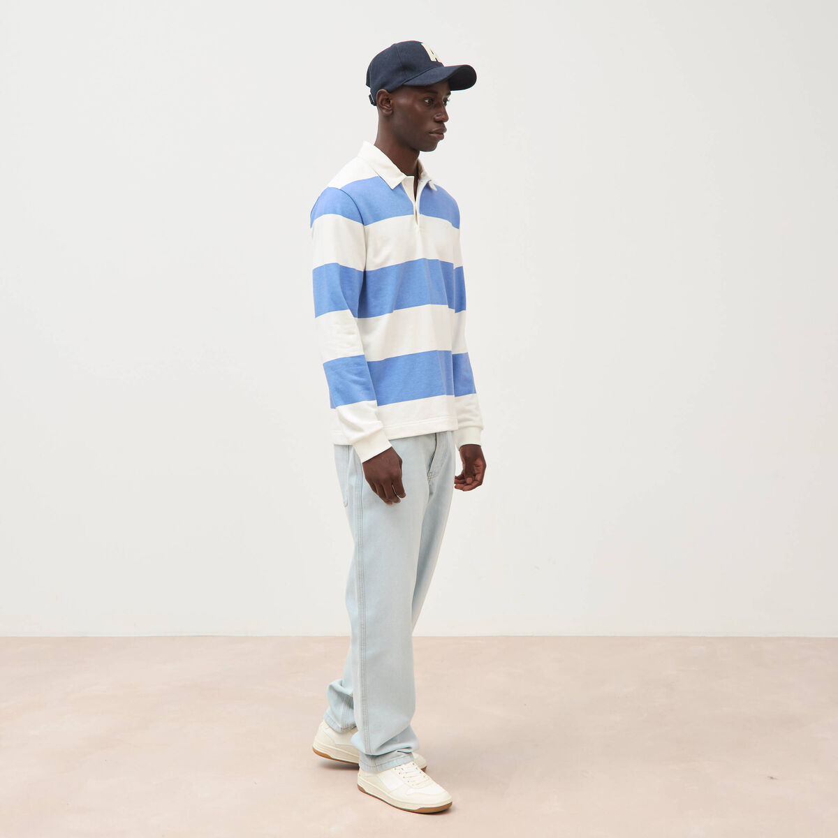 Polo manches longues broderie bleu violet homme