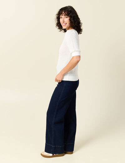 Pull manches courtes ajouré creme femme