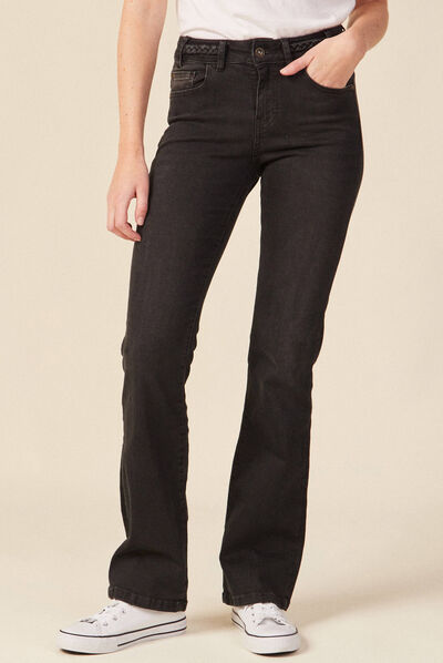 Jeans bootcut détails tressés denim noir femme