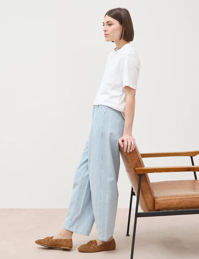 Jeans barrel taille haute ray&eacute; denim bleach femme