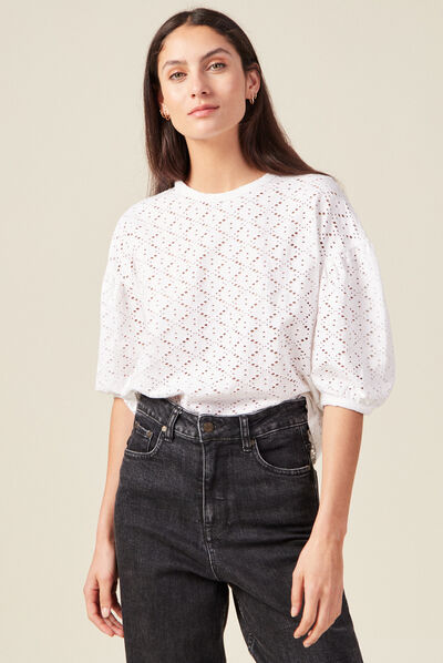 T-shirt manches 3/4 ajouré ecru femme