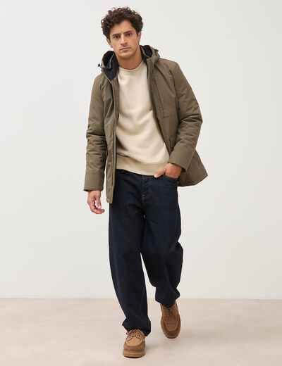 Parka longue droite &agrave; capuche taupe homme