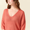 Pull ajour&eacute; col v manches 3/4 rouge fonc&eacute; femme
