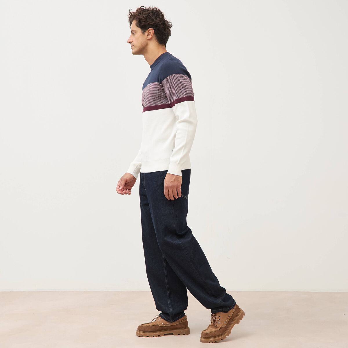 Pull fin col rond manches longues bleu marine homme