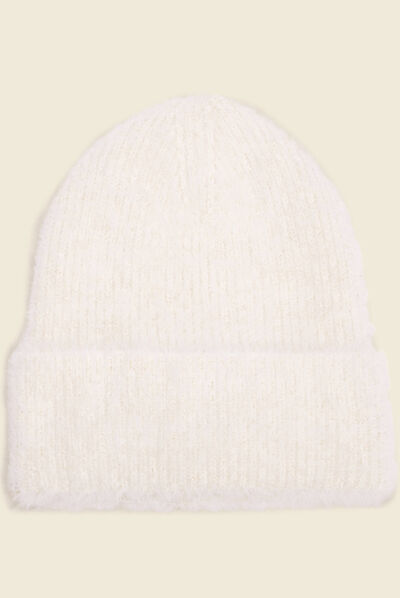 Bonnet tricoté fils métallisés ecru femme