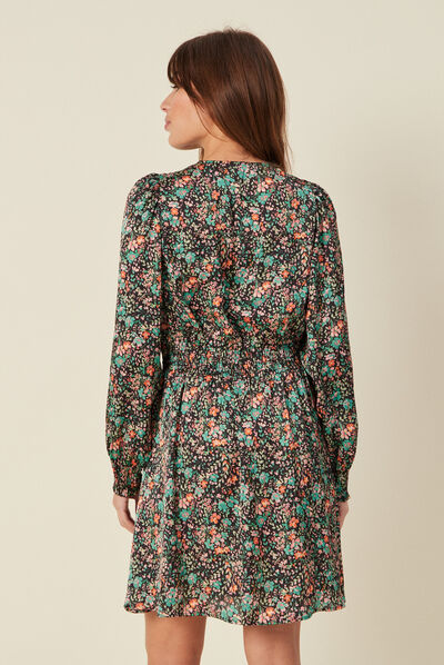 Robe taille marquée à volants noir femme