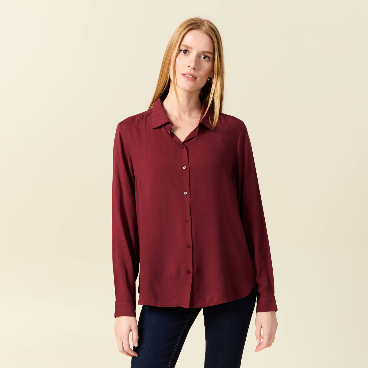 Chemise manches longues fluide bordeaux femme