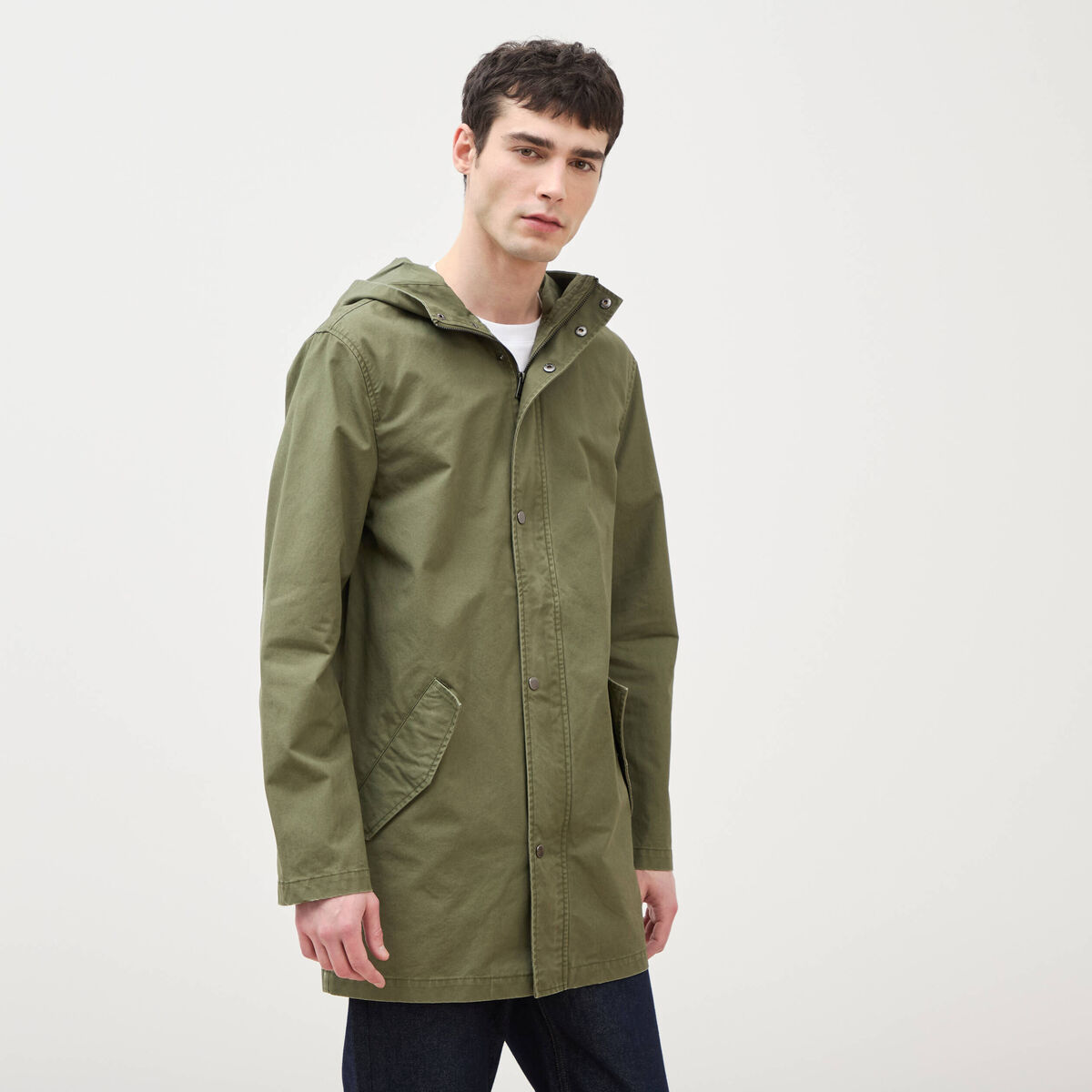 Parka droite mi-longue &agrave; capuche vert kaki homme