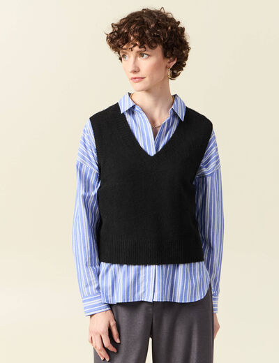 Pull sans manches col en V noir femme