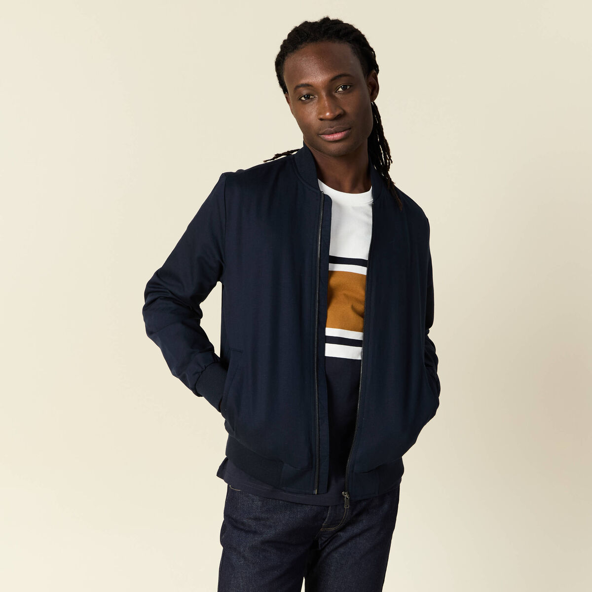 Blouson zippé col teddy bleu marine homme