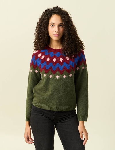 Pull col rond manches longues vert kaki femme