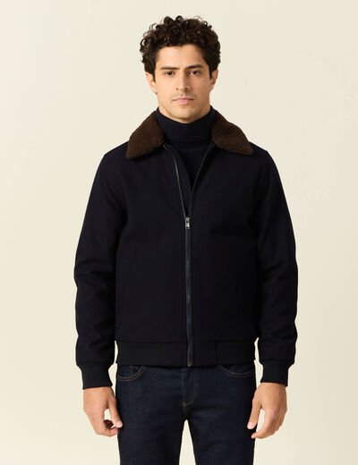 Blouson col aviateur zippé bleu marine homme