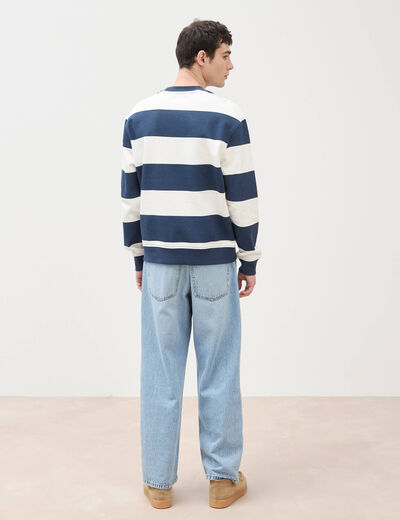 Sweat ray&eacute; col rond manches longues bleu marine homme