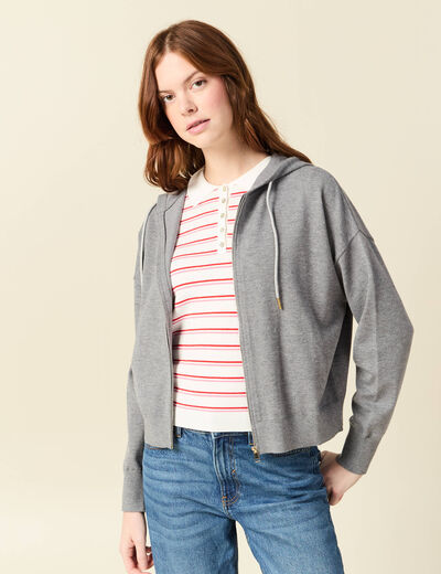 Gilet droit court &agrave; capuche gris clair femme