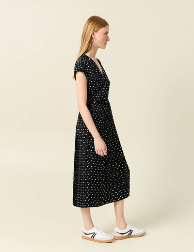 Robe midi évasée plissée satin noir femme