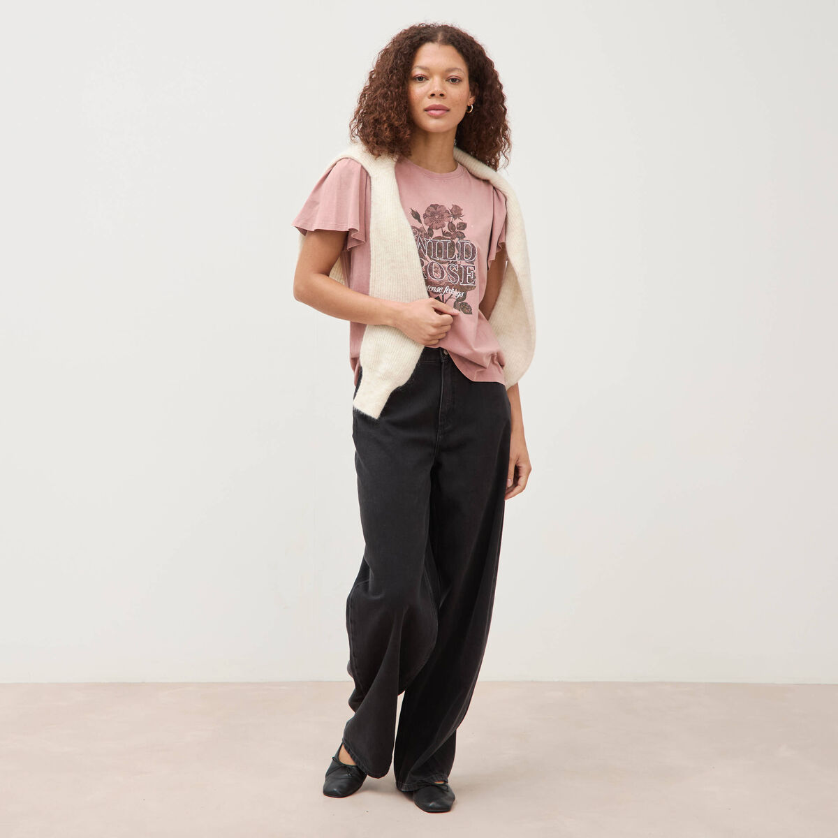 T-shirt droit col rond manches courtes vieux rose femme