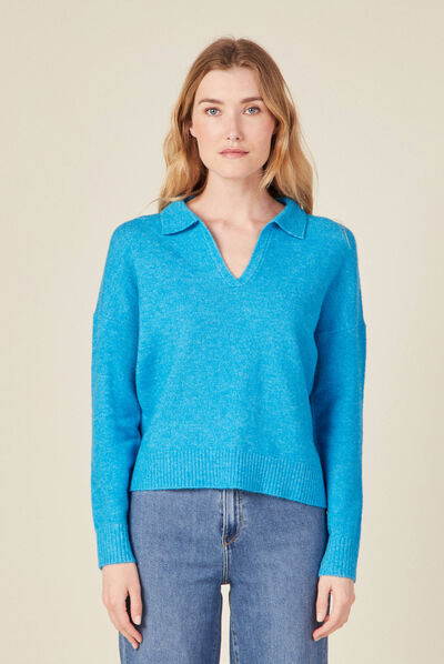Pull col polo éco-responsable bleu femme