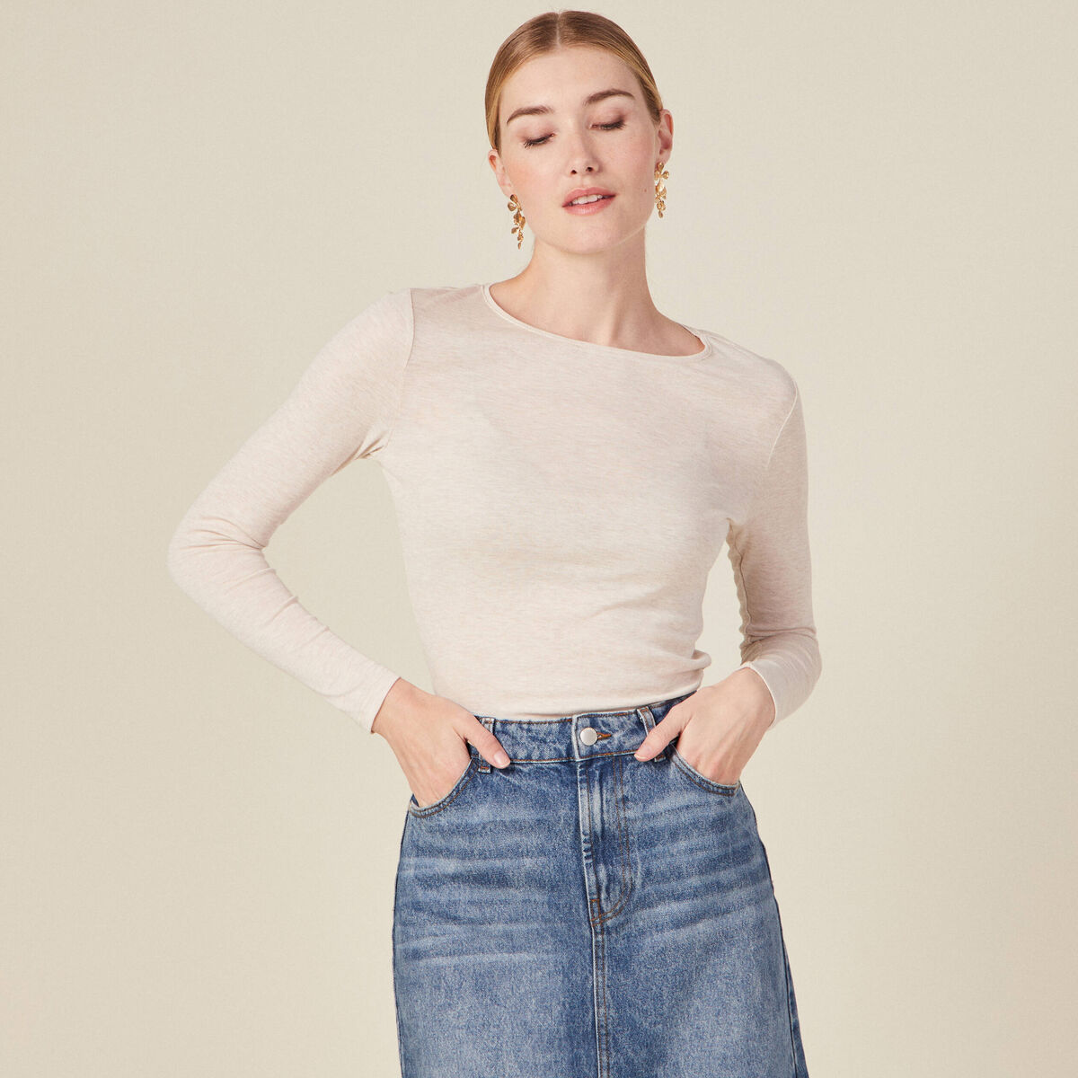 T-shirt cintr&eacute; manches longues col rond beige femme