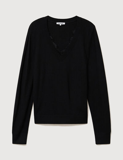 Pull droit col v manches longues noir femme