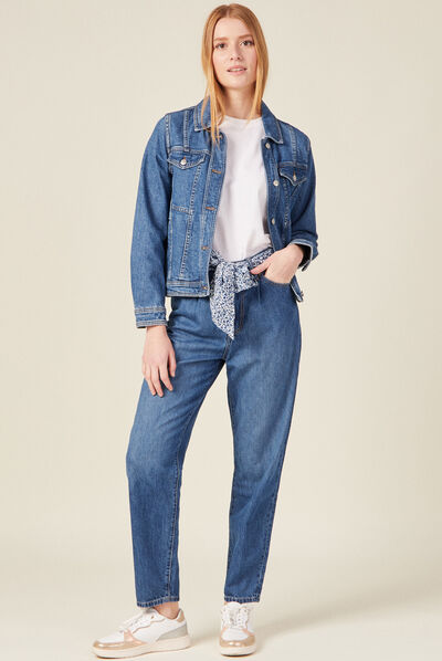 Jeans slouchy ceinture foulard denim stone femme
