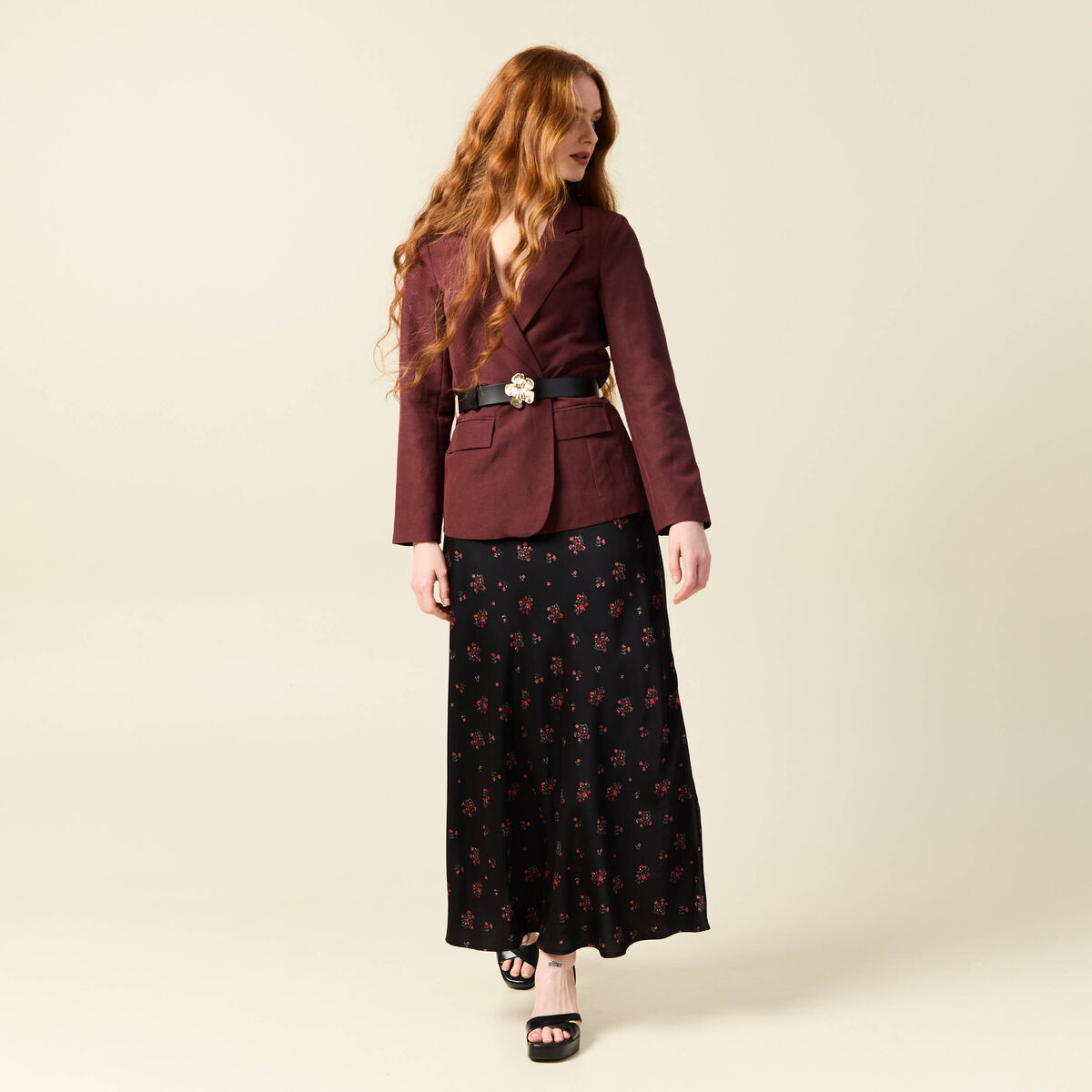 Jupe longue droite satin noir femme