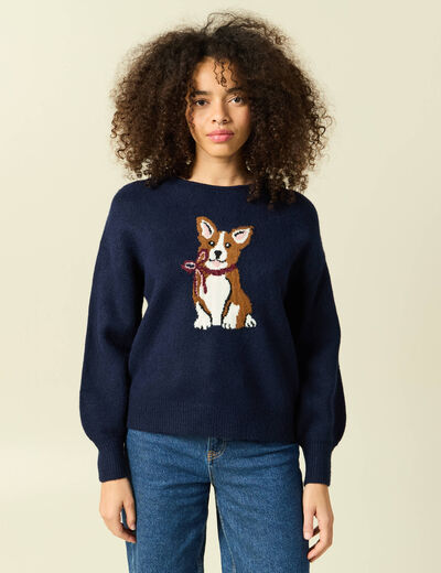 Pull col rond manches longues bleu marine femme